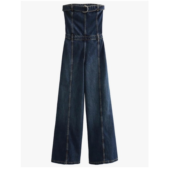 ZARA Strapless Wide Leg Denim Jumpsuit NEW - Picture 2 of 15